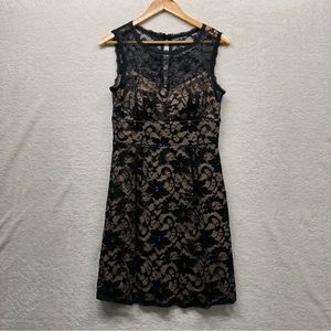 Black Lace Cocktail Dress, Sleeveless Midi, Black and Nude, Size 8